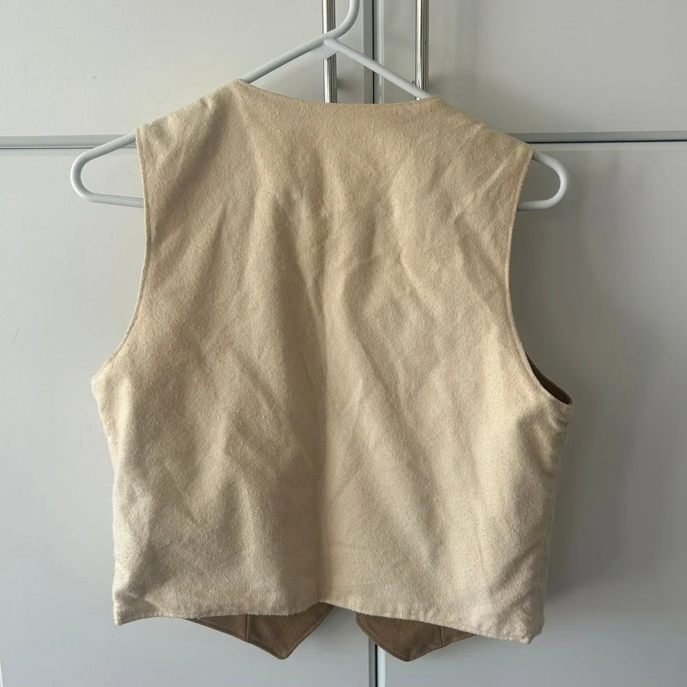 Vintage Reversible Cropped Vest Cream Textured Wool Camel Faux Suede Waistcoat